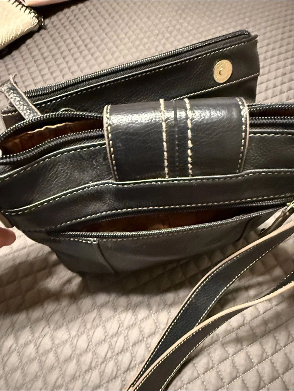 Tignanello Black Leather Crossbody Messenger with Contrast Stitching